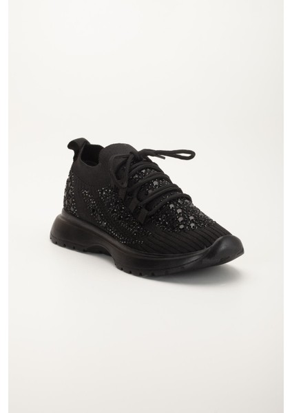 Kadın Spor Ayakkabı Siyah Triko Taş Döşemeli Kalın Taban