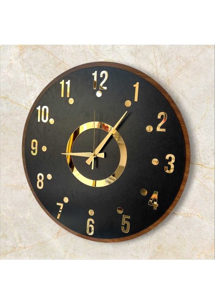 Siyah-Gold Gri Aynalı Sayılı Sessiz Ahşap Dekoratif Ev Ofis Duvar Saati 50CM