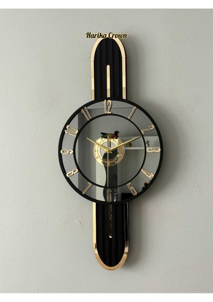 Şık Ahşap ve Aynalı Duvar Saati, Modern Tasarım, 66 Cm, Siyah Gold Renk
