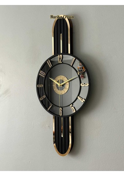 Şık Ahşap ve Aynalı Duvar Saati, Modern Tasarım, 66 Cm, Siyah Gold Renk modelleri