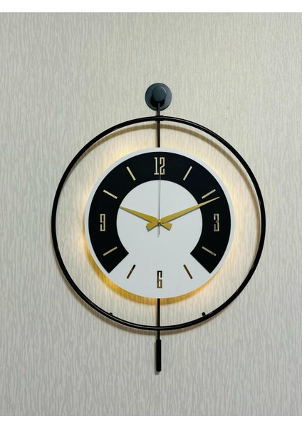 50X70 cm Metal ve Ahşap Uyumu Duvar Saati, Işık Detaylarıyla Dekoratif