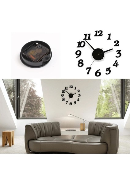 Büyük Boy 3D Duvar Saati Latin Rakamlar Siyah, Şık ve Modern Tasarım