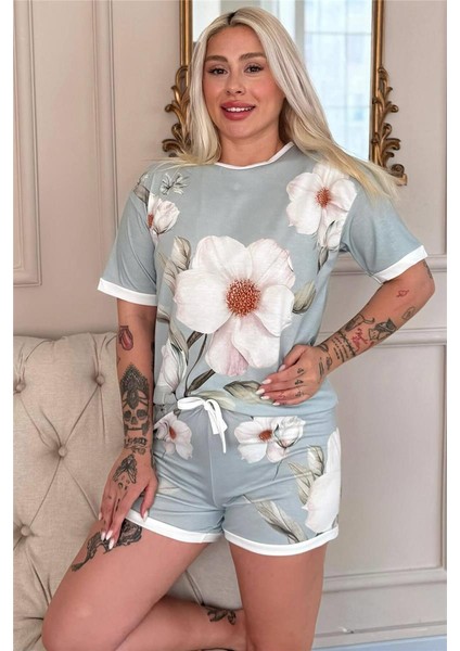 Bleu Magnolia Desenli Kısa Kollu Şortlu Bambu Kadın Pijama Takımı