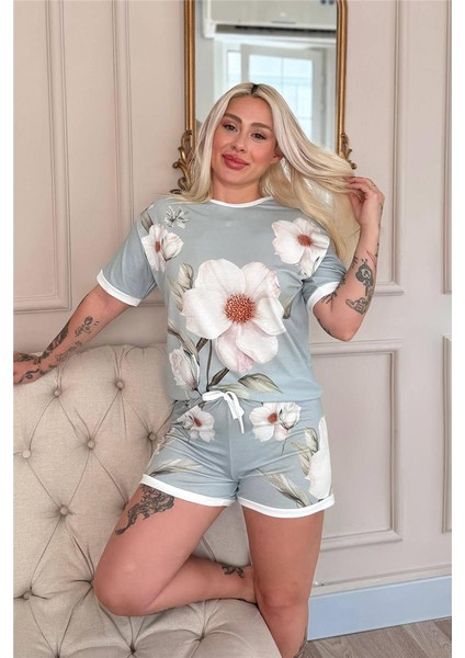 Bleu Magnolia Desenli Kısa Kollu Şortlu Bambu Kadın Pijama Takımı fiyatları