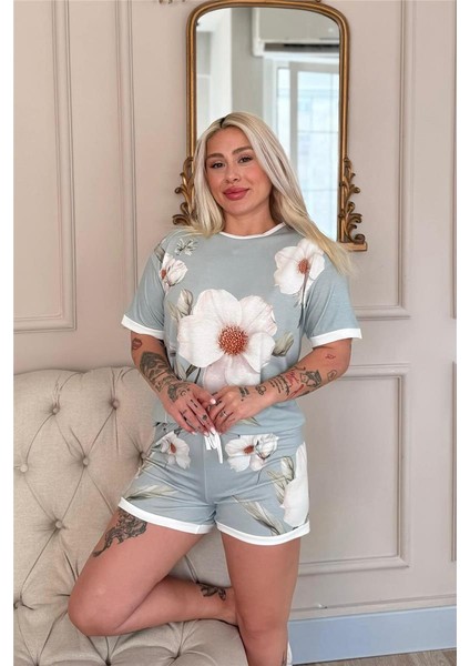 Bleu Magnolia Desenli Kısa Kollu Şortlu Bambu Kadın Pijama Takımı modelleri