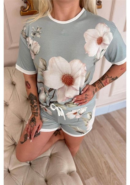 Bleu Magnolia Desenli Kısa Kollu Şortlu Bambu Kadın Pijama Takımı indirimleri