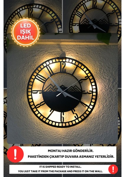 LED Işıklı Modern Duvar Saati, Siyah Ahşap, Sessiz, Dekoratif, 40X40CM