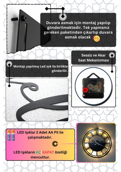 LED Işıklı Modern Duvar Saati, Siyah Ahşap, Sessiz, Dekoratif, 40X40CM fiyatları