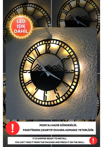 LED Işıklı Modern Duvar Saati, Siyah Ahşap, Sessiz, Dekoratif, 40X40CM modelleri