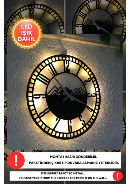 LED Işıklı Modern Duvar Saati, Siyah Ahşap, Sessiz, Dekoratif, 40X40CM fırsatları