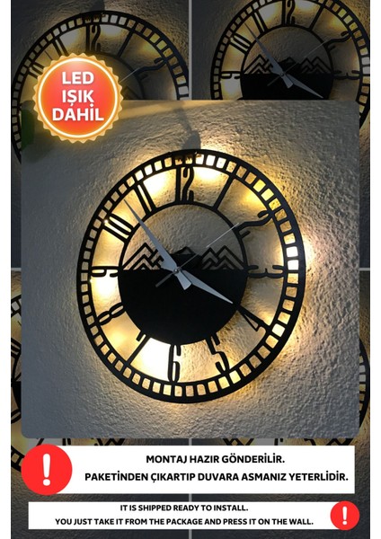 LED Işıklı Modern Duvar Saati, Siyah Ahşap, Sessiz, Dekoratif, 40X40CM indirimleri