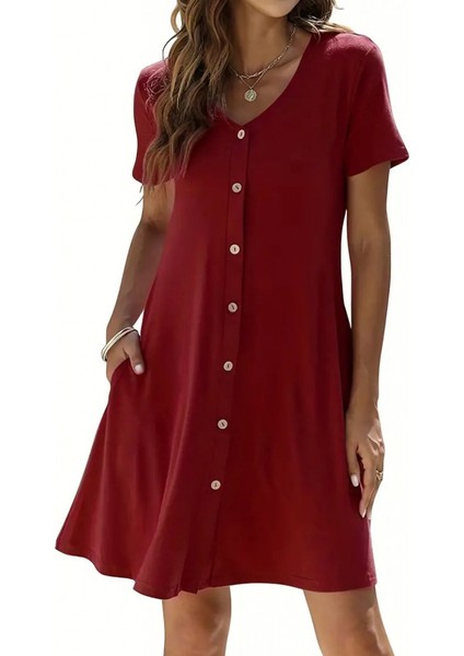 AYDOGANTICARET44 Kadın Kısa Kollu V Yaka Önü Düğmeli Viskon Elbise fırsatları