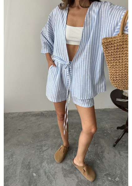 AYDOGANTICARET44 Çizgili Tunik -Şort Takım - Mavi