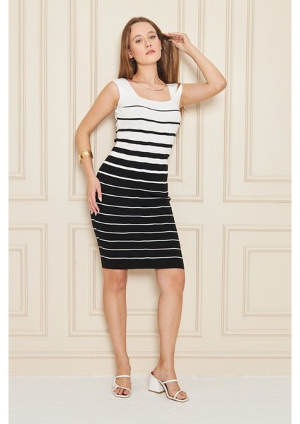 Beyaz Siyah Çizgili Kolsuz Kalem Elbise Polymid Kumaş, Yazlık Şık Model fiyatları