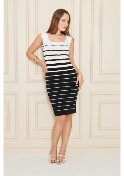 Beyaz Siyah Çizgili Kolsuz Kalem Elbise Polymid Kumaş, Yazlık Şık Model modelleri