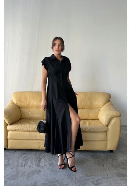 Kolsuz Vatkalı Önden Düğmeli Bel Pens Detaylı Poplin Elbise - Siyah modelleri