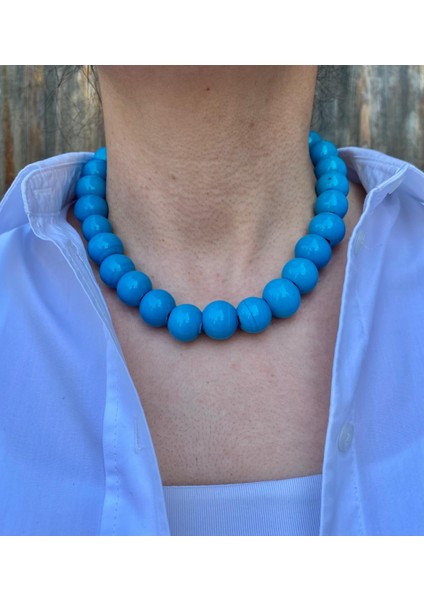 Mavi Bodrum Iri Yuvarlak Boncuk Kolye