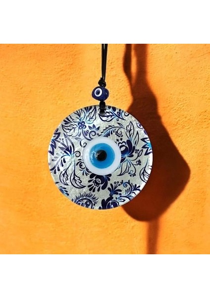 Nazar Boncuklu Yaprak Desenli Gümüş Rengi Füzyon Cam El Yapımı 12 cm Duvar Süsü Nazarlık Hediyelik Eşya