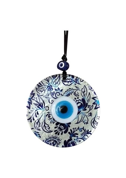 Nazar Boncuklu Yaprak Desenli Gümüş Rengi Füzyon Cam El Yapımı 12 cm Duvar Süsü Nazarlık Hediyelik Eşya