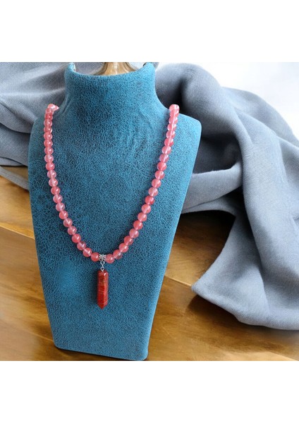 Gül Kuvars Kolye - Kahve Jasper Pandül - Doğal Taş Kolye - 8 mm Sade Kolye - Doğal Taş Kolye Bohem Kolye 8 mm Doğal Taş Kolye