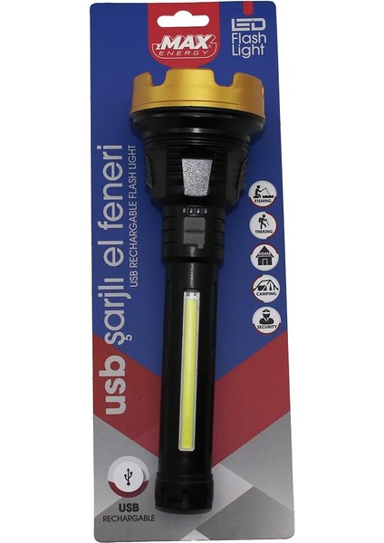 BÜYÜK=24CM 2in1= Osl LED - Cob LED USB Şarjlı El Feneri 3-Kademe Işık - Flaşör Şarj Gösterge