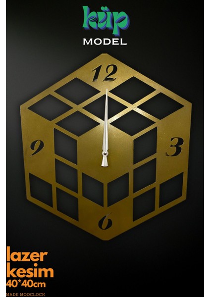 Metal Lazer Kesim Küp Model Duvar Saati, Sessiz Mekanizma, 40X40 cm