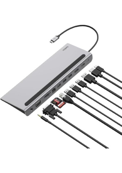 Usb-C Hub, 11'i 1 Arada Çoklu Bağlantı Noktalı Adaptör Yuvası, 4K Hdmı, Displayport, Vga, Usb-C ve 100W, Bağlı Cihazdan Şarj Etmek Için, 3x USB A, Gigabit Ethernet, Sd, Microsd, 3,5 mm Jak
