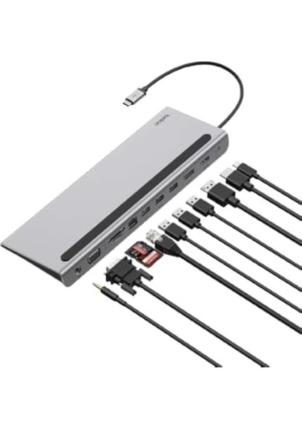 Usb-C Hub, 11'i 1 Arada Çoklu Bağlantı Noktalı Adaptör Yuvası, 4K Hdmı, Displayport, Vga, Usb-C ve 100W, Bağlı Cihazdan Şarj Etmek Için, 3x USB A, Gigabit Ethernet, Sd, Microsd, 3,5 mm Jak