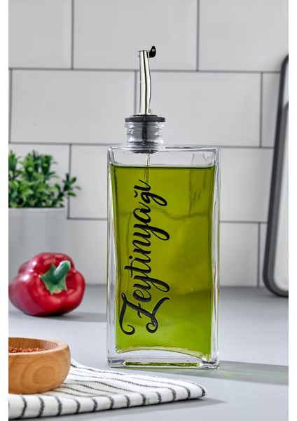 1 Adet Cam Yağdanlık Metal Gümüş Kapaklı Transfer Etiketli Ayçiçek/zeytinyağı/sirke/narekşisi 500ML