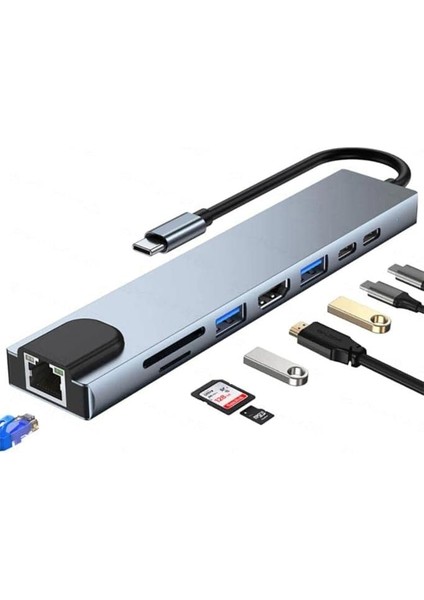 8in1 USB Type-C Hub Port Adaptör HDMI USB Ethernet Pd Girişli, Gri