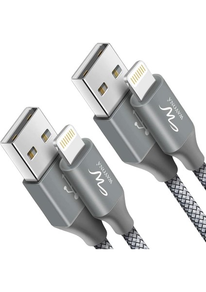 Naylon Örgülü (2'li Paket) Lightning Hızlı USB Veri Kablosu, Hızlı Şarj Kablosu, Iphone, Ipad Tablet Için, 91,44 Cm, 2'li Paket, Gri
