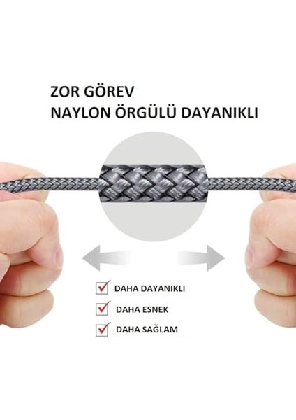 Naylon Örgülü (2'li Paket) Lightning Hızlı USB Veri Kablosu, Hızlı Şarj Kablosu, Iphone, Ipad Tablet Için, 91,44 Cm, 2'li Paket, Gri
