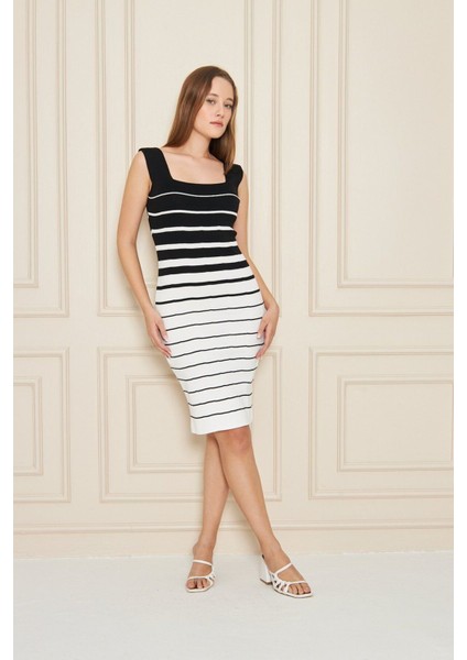 Siyah Beyaz Çizgili Kolsuz Kalem Elbise Polymid Kumaş, Yazlık Şık Model