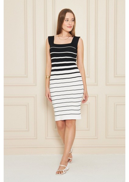 Siyah Beyaz Çizgili Kolsuz Kalem Elbise Polymid Kumaş, Yazlık Şık Model modelleri