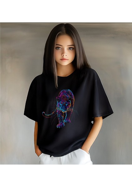 Çocuk Tişört – Neon Leopar Baskılı – Kız ve Erkek Pamuklu Yazlık Tişört – Özgün ve Renkli Tasarım – Günlük Spor Stil