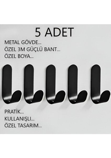 Metal Siyah 3m Yapışkanlı Askılık 5 Adet Kapı Arkası Bornoz Askılığı Mutfak Askı Banyo Askılık