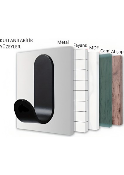 Metal Siyah 3m Yapışkanlı Askılık 5 Adet Kapı Arkası Bornoz Askılığı Mutfak Askı Banyo Askılık