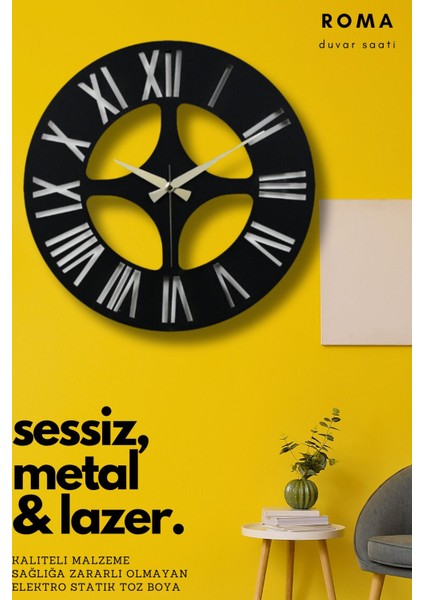 Modern Siyah Metal Lazer Kesim Sessiz Mekanizma Duvar Saati 40X40 cm