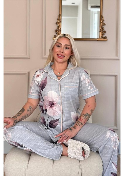 Gris Magnolia Desenli Bambu Önden Düğmeli Kısa Kol Pijama Takımı fiyatları