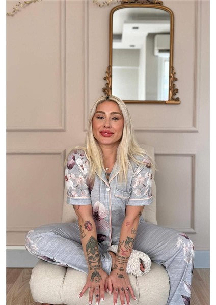 Gris Magnolia Desenli Bambu Önden Düğmeli Kısa Kol Pijama Takımı modelleri