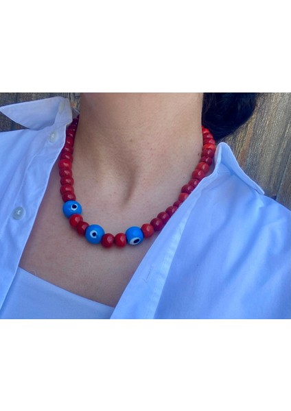 Kırmızı Bodrum Üç Nazarlı Boncuk Kolye