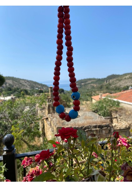 Kırmızı Bodrum Üç Nazarlı Boncuk Kolye
