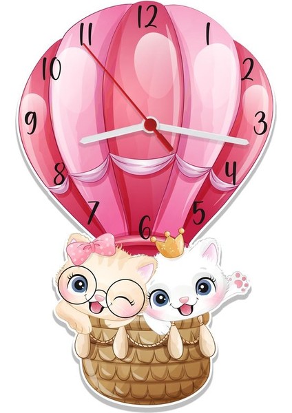 Pembe Balon ve Kedi Temalı Çocuk Odası Ahşap Duvar Saati