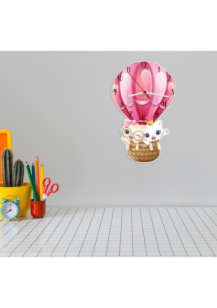 Pembe Balon ve Kedi Temalı Çocuk Odası Ahşap Duvar Saati fiyatları