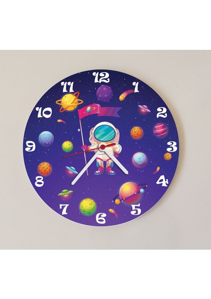 Lacivert Uzay Astronot Çocuk Odası Ahşap Duvar Saati Sessiz ve Şık Tasarım