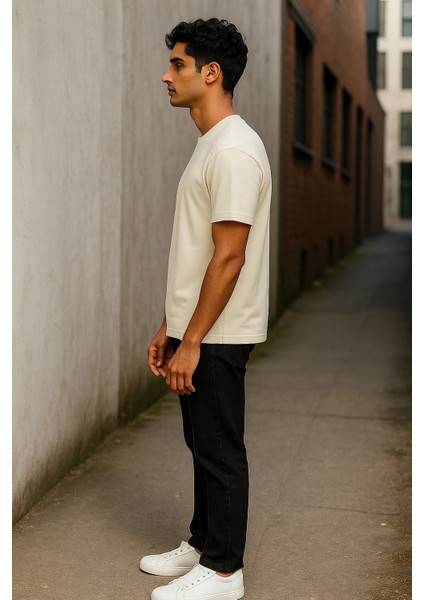 Regular Kalıp Kadın - Erkek Unisex Basic Tişört Ekru modelleri