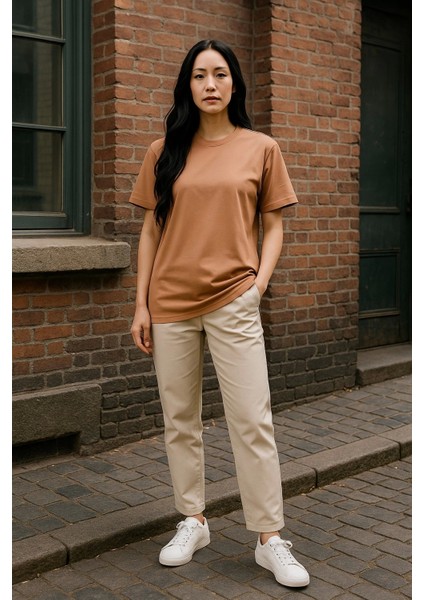 Regular Kalıp Kadın - Erkek Unisex Basic Tişört Ten Rengi