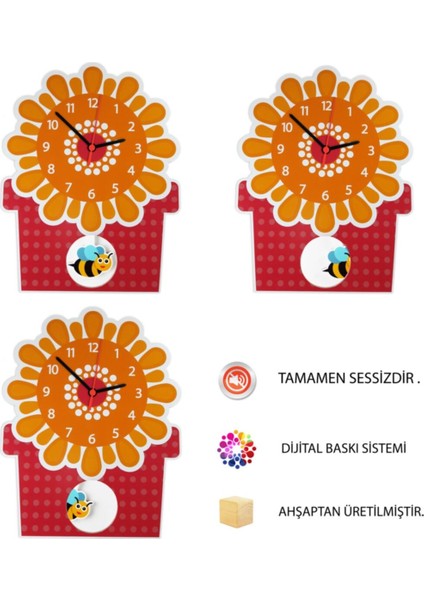 Ahşap Sarkaçlı Arı Figürlü Çocuk Odası Duvar Saati, Pembe Renkli, Şık ve Eğlenceli Tasarım