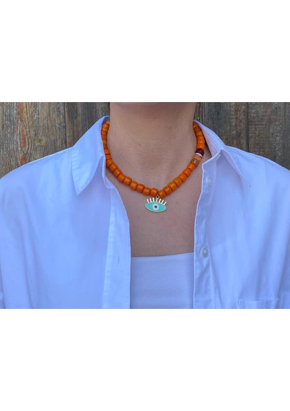 Turuncu Bodrum Yeşil Göz Nazarlı Boncuk Kolye