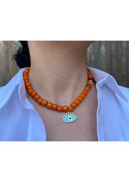 Turuncu Bodrum Yeşil Göz Nazarlı Boncuk Kolye fiyatları
